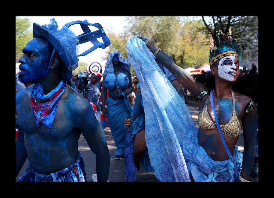 Participantes en el desfile anual del día de las Indias Occidentales el 3 de septiembre de 2018 en el barrio de Brooklyn de la ciudad de Nueva York. El desfile es una de las mayores celebraciones de la cultura caribeña en América del Norte. 