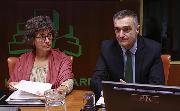 El secretario de Convivencia y Derechos Humanos del Gobierno, Jonan Fernández, y la presidenta de la comisión, Ana Oregi, este martes, en el Parlamento vasco.