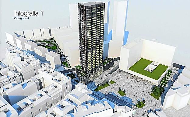 Imagen principal - Proyecto completo. La torre contará con servicios comunes para los residentes como piscina, gimnasio, sauna, txoko o salón para actividades. Además, las dos primeras plantas ser reservarán para acoger un centro comercial de 4.400 metros cuadrados.