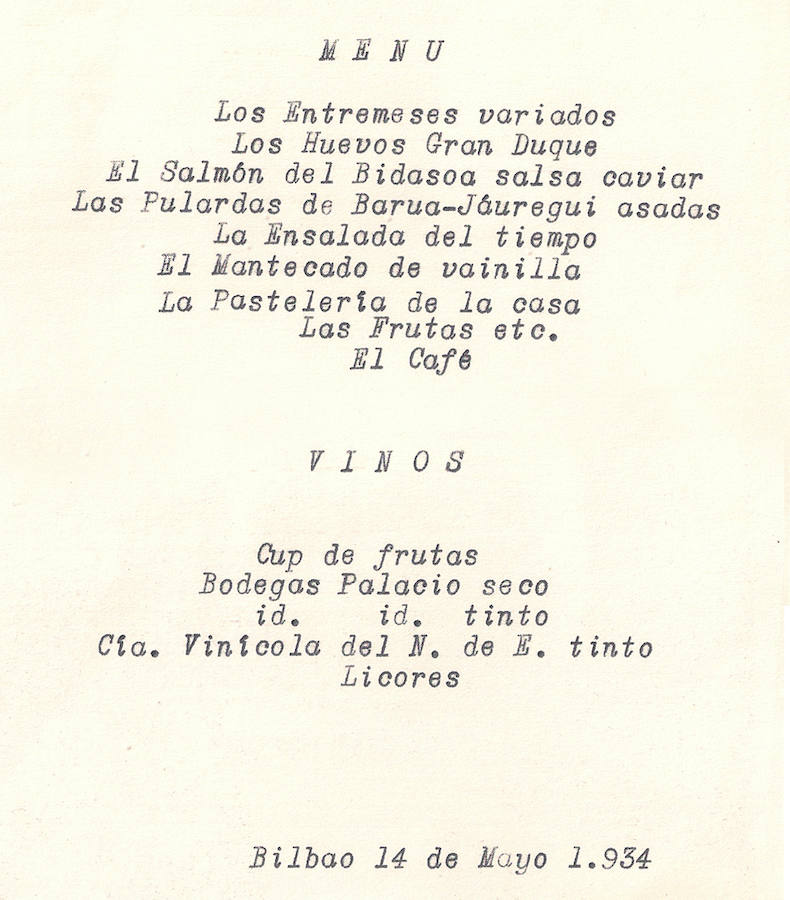 Menú de su restaurante en 1934.