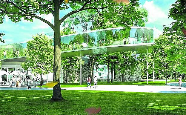 Sobre estas líneas, recreación de la parte trasera del edificio proyectado por Mercedes, integrado en los Jardines Obispo Fernández de Piérola. 