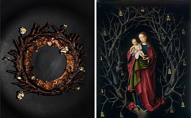 (Petrus Christus por Andrea Dopico, 'Árbol seco') A la chef venezolana le cautivó a primer golpe de vista 'La Virgen del árbol seco' por su «sensación de textura». Su postre, a base de varios tipos de chocolate, gelatina de bourbon y bizcocho 'moelleux' pretende «reflejar ese contraste de suavidad y aspereza, de dulzura y carácter».