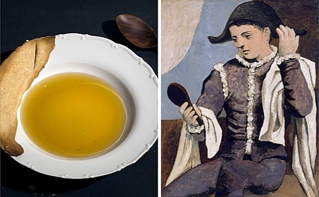 (Pablo Picasso, por Jesús Sánchez. 'Sopa de cocido y morcilla') «La sustancia y la esencia». El 'dos estrellas Michelin' cántabro parte de esta idea para recrear el 'Arlequín con espejo' del genial artista malagueño. Lo hace mediante «un plato roto que restauramos con masa de pan» y que acoge una «reconstituyente sopa brillante y caliente en la que mirarnos silentes». 