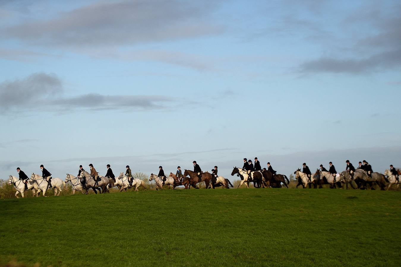A diferencia de lo que sucede en Gran Bretaña, que mantiene la prohibición desde 2005, la caza del zorro es una actividad legal en los campos de Irlanda (en las fotografías vemos una partida en Kells, al norte de Dublín), y en las fechas navideñas esta tradición se mantiene tal como la practicaban nobles y terratenientes tiempo atrás. La elegancia es obligada tanto para caballos como para jinetes. Guarnicionería pulida, botas lustradas y sombrero y chaquetas rojas o negras, son tan habituales como las crines trenzadas.
