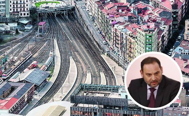 La trinchera ferroviaria de Abando separa hoy Bilbao La Vieja del centro de la ciudad. En el círculo, el ministro de Fomento, José Luis Ábalos.