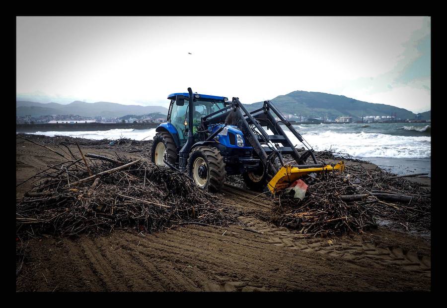 Ramas de árboles este lunes en la playa de Ereaga. 