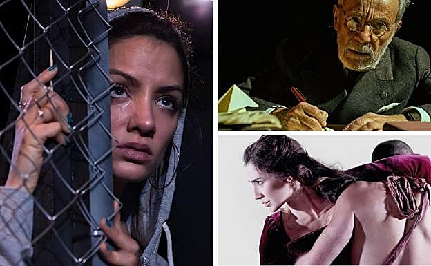 A la izquierda, la actriz María Hervás; arriba a la derecha, José Luis Gómez interpretando a Unamuno; y abajo a la derecha la actriz revelación Natalia Huarte.