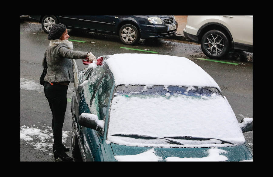 Una mujer retira la nieve que cubre su vehículo.