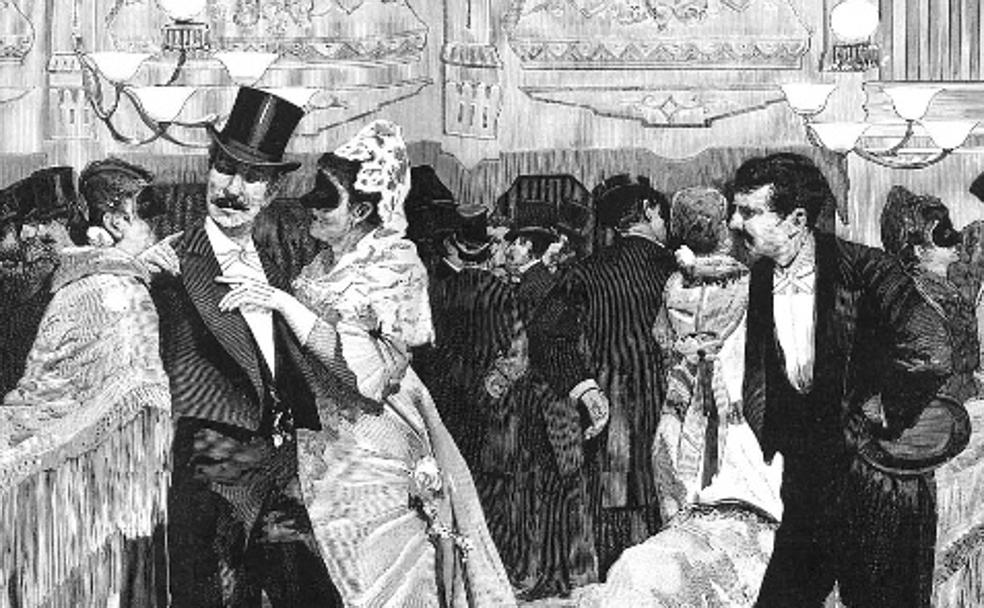 Grabado de una fiesta de máscaras.