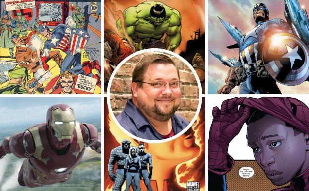 Cebulski, en el centro, rodeado de varios personajes Marvel. 