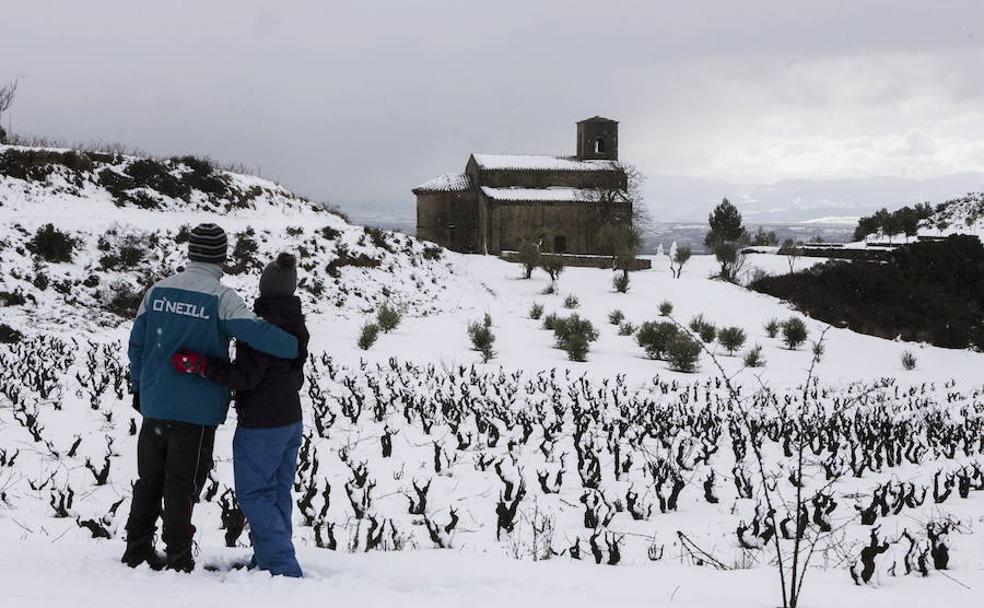 La nieve cubre los viñedos y el templo de Santa María de la Piscina, en San Vicente de la Sonsierra.