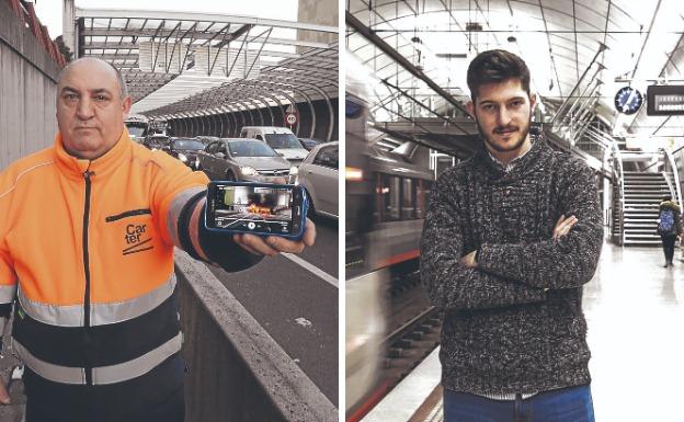 El gruista Ángel Villuela muestra el vídeo del camión incendiado en el acceso de San Mamés del que rescató al conductor. A la derecha, Aritz Aguiar en el andén de Portugalete en el que salvó la vida a un hombre.