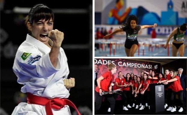A la izquierda, la karateka Sandra Sánchez en una competición; arriba a la derecha, la atleta María Vicente; y abajo a la derecha, la selección española de fútbol sala.