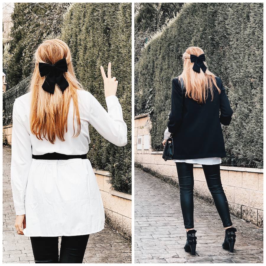 Lazo en el pelo para un look en blanco y negro.