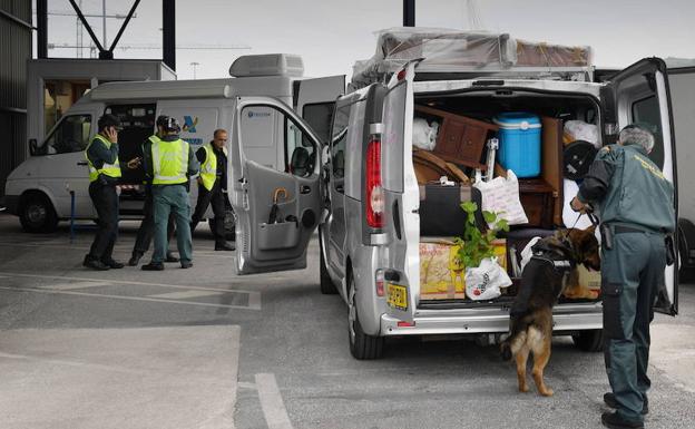 Un perro olfatea una furgoneta en el puerto de Bilbao en busca de droga. 