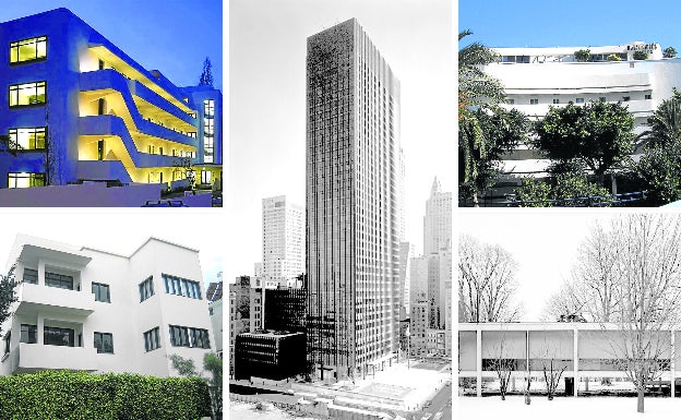 A la izquierda, arriba: Isokon Flats. Edificio en Londres, obra de Wells Coates. Abajo: Tel Aviv. Dependencias del museo de la ciudad. En el centro: Edificio Seagram. Diseñado por Mies Van der Rohe, en Nueva York. A la derecha, arriba: Hotel Cinema. Levantado en Tel Aviv en el estilo de la escuela. Abajo: Farnsworth House. Otro edificio de Mies Van der Rohe en EE UU.