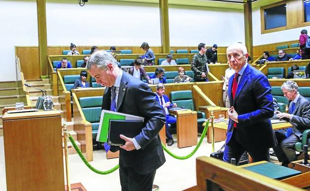 El lehendakari, Iñigo Urkullu, y el portavoz del Gobierno vasco, Josu Erkoreka, en un pleno del Parlamento. 