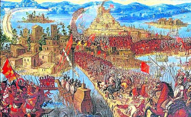 Escena de la toma de Tenochtitlan por parte de los hombres de Hernán Cortés.