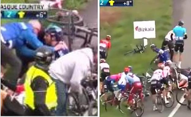 Castroviejo, a la izquierda tras sufrir la aparatosa caída.