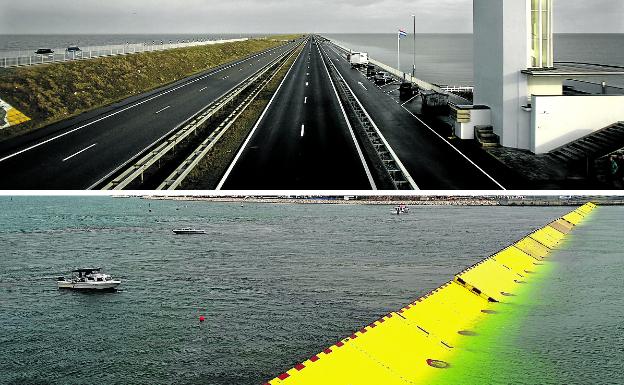 Arriba, el dique Afsluitdijk, en Holanda, tiene 32 kilómetros de largo. Abajo, el sistema Mose (Moisés, en castellano) trata de proteger Venecia.