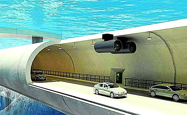 Recreación de uno de los tubos de hormigón que Noruega extenderá bajo las aguas de su costa para conectar sus fiordos más profundos y que sujetará con pontones flotantes.