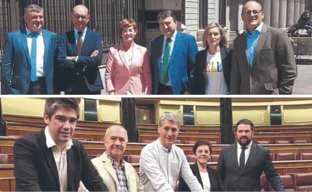 Arriba, los representantes del PNV en el Congreso. Abajo, los diputados y el senador de EH Bildu.