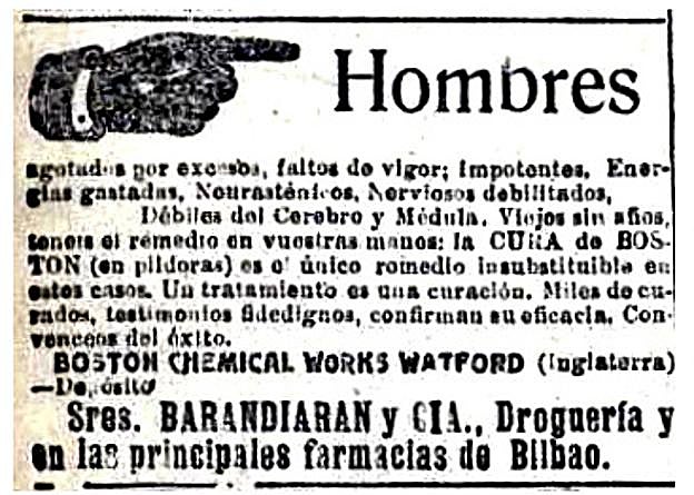 Anuncio de la Cura de Boston, tratamiento en píldoras para hombres agotados, impotentes, neurasténicos, débiles del cerebro y médula, viejos sin años...