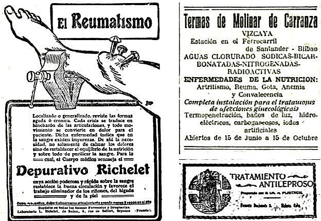 Publicidad del depurativo Richelet, las termas de Carranza y el Tratamiento Antileproso.