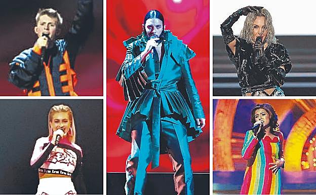 A la izquierda, el belga Eliot y la bielorrusa Zena. En el centro, Conan Osiris, la voz de Portugal. A la derecha, la bielorrusa Zena y Lydia conquistó para España el premio Barbara Dex al estilismo más penoso en 1999.