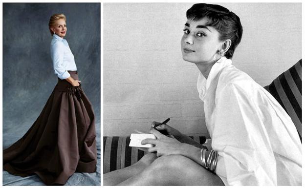 La diseñadora Carolina Herrera y Audrey Hepburn, dos mitos de la elegancia con la camisa blanca.