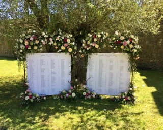 Seatingplan de la boda. La decoración floral corrió a cargo de la floristería Garden Center Sopela, con distintas variedades de rosas y peonias. El cátering corrió a cargo de Bokadobodas.