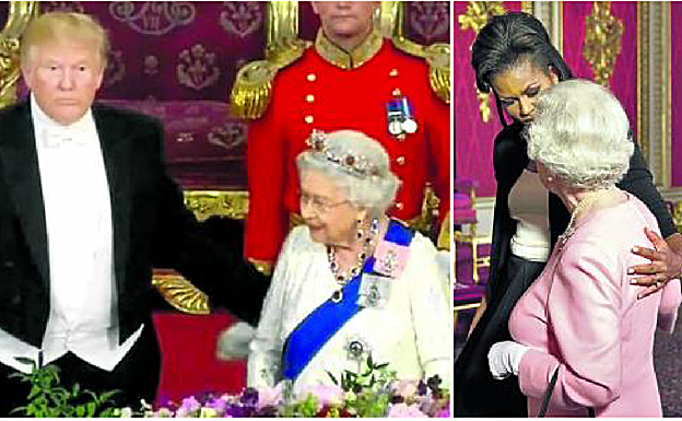 Trump posa la mano en la espalda de la reina, el mismo gesto de Michelle Obama en 2009. 
