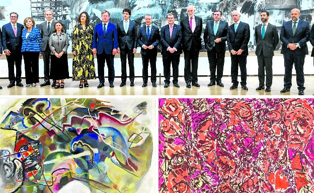 Arriba, foto conjunta del patronato del Guggenheim, que celebró ayer su reunión clásica de antes del verano. Abajo, a la izquierda, 'Pintura con borde blanco', pintura de 1913 de Vasily Kandinsky. A la derecha, 'Ícaro', obra de 1964 de la representante del expresionismo abstracto Lee Krasner.