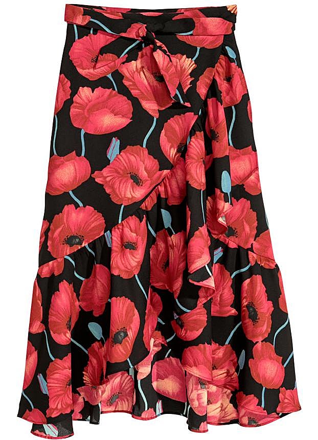 Falda asimétrica con estampado de amapolas, de H&M (15,99 euros).