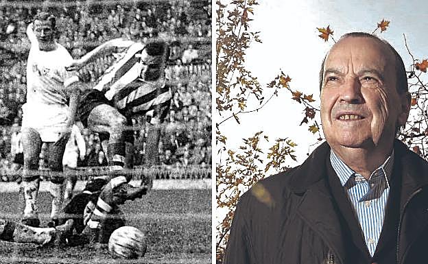 A la izquierda, Koldo Aguirre marca un gol al Sevilla en la temporada 63/64. A la derecha, Koldo Aguirre, hace cinco años.