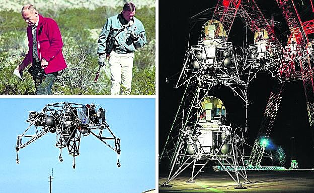Arriba: De excursión. Aldrin yArmstrong, durante una salida de prácticas geológicas en Texas. Abajo: En el aire. El LLRV, un simulador de módulo lunar, en el Centro de Investigación de Vuelo Dryden (California) en 1964. A la derecha: Aterrizaje. Secuencia de un descenso delSimulador de Excursión del Módulo Lunar. 