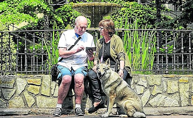 Maite Yanguas y José Luis Guiérrez, con 'Nala', la perra de Joel.