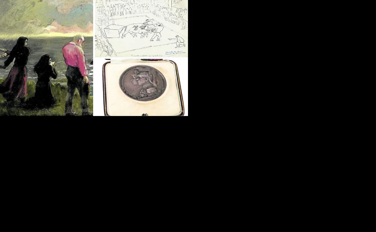 El óleo 'Homenaje a los náufragos' junto a 'Apuesta de vacas', en tinta sobre papel, y una de las medallas que recibió el artista.