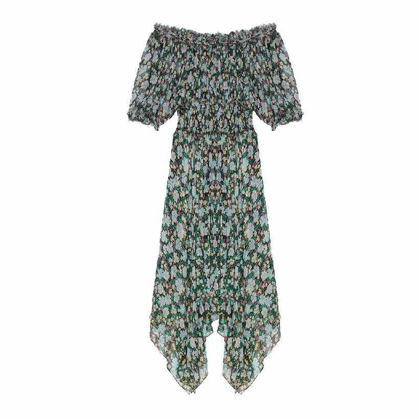 Vestido fluido con mangas farol, de Maje (precio original: 395 euros; precio rebajado: 316 euros).