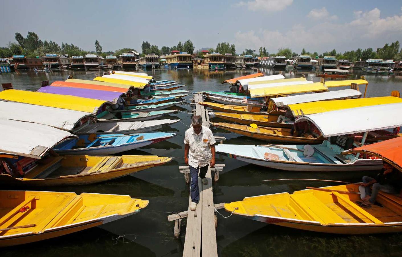 'Shikaras' o botes para turistas a orillas del lago Dal en Srinagar, India 