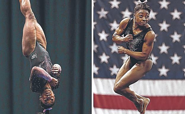 Simone Biles vuela sobre el tapiz de Kansas City, el domingo pasado, durante su histórica actuación en el campeonato de EE UU, que ganó por sexta vez. 