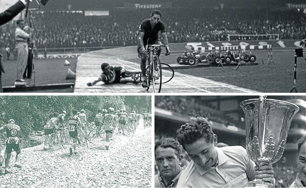 Arriba, Patinazo. Momento de la caída de Loroño junto a la meta. Abajo a la izquierda, A pie. En aquella Vuelta las obras obligaron a bajarse de la bici. Abajo a la derecha, Ganador. El belga De Mulder con el trofeo de la Vuelta'62.