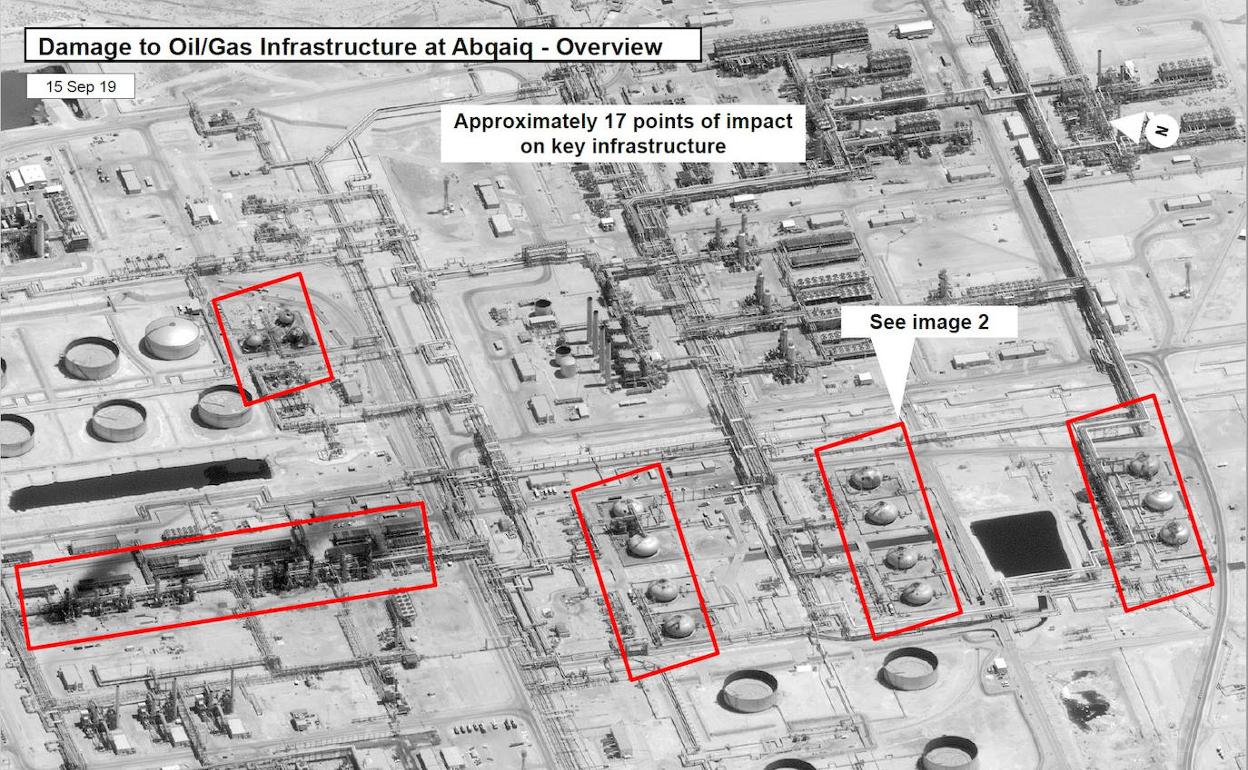 Daños en la refinería de Arabia Saudí vistos desde un satélite de Estados Unidos.
