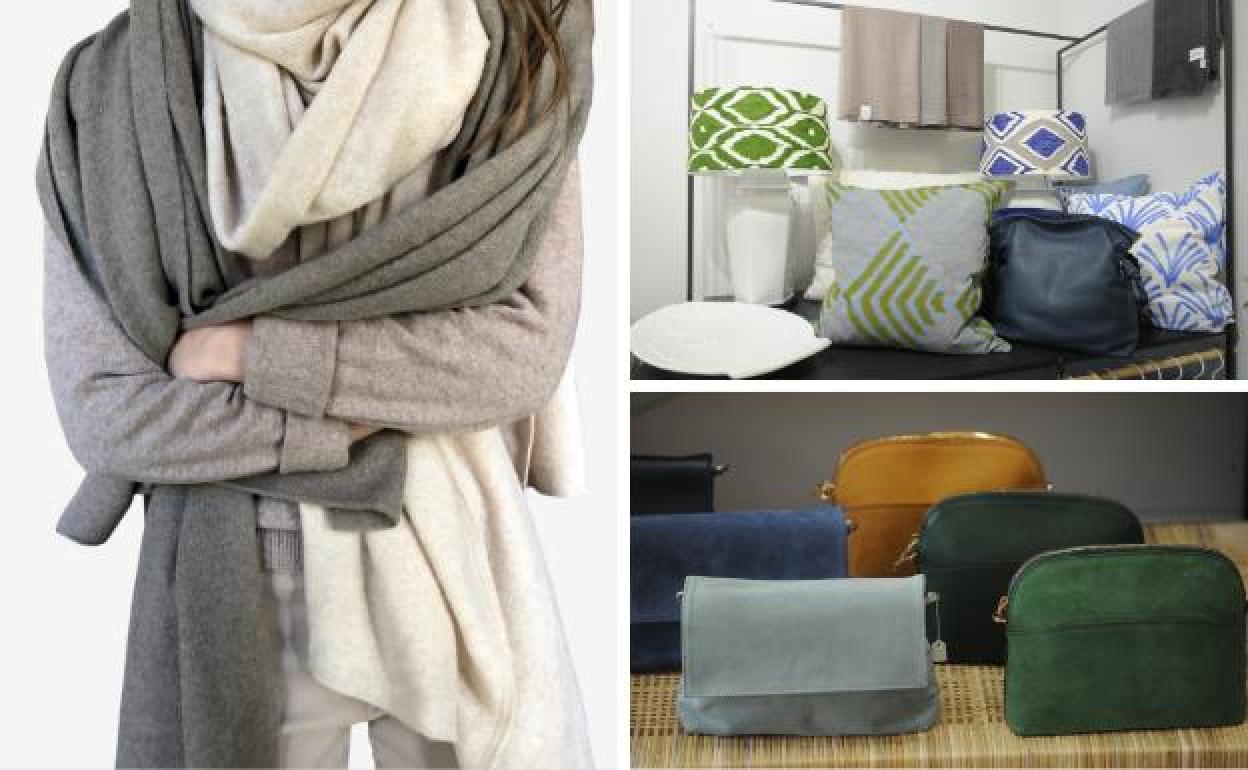 A la izquierda, una de las bufandas que vende MEM y, a la derecha, cojines y bolsos disponibles en el 'concept studio & store'. 
