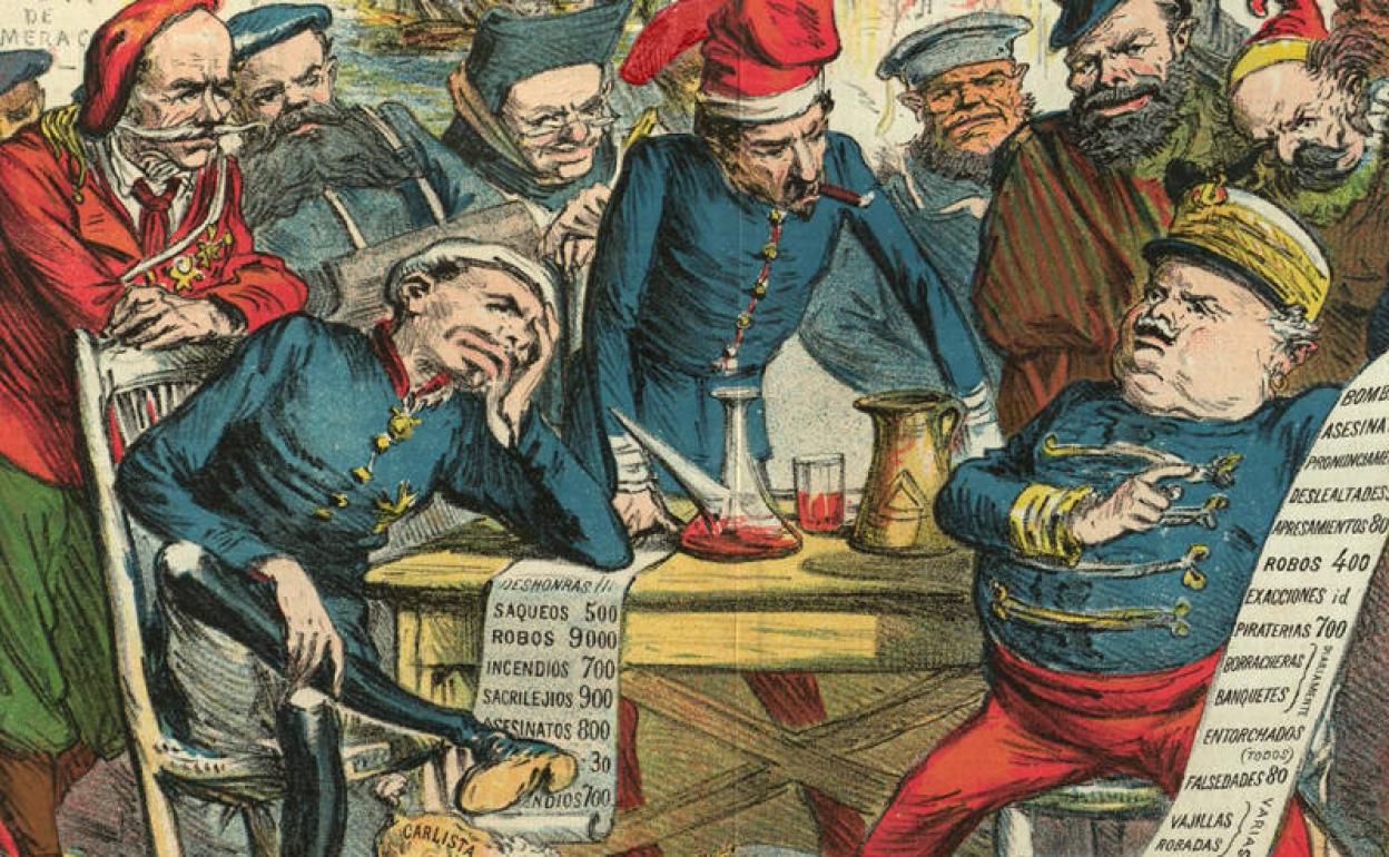 Bandos de la Tercera Guerra Carlista negociando en una taberna ('La madeja política'). Wikimedia CC PD.