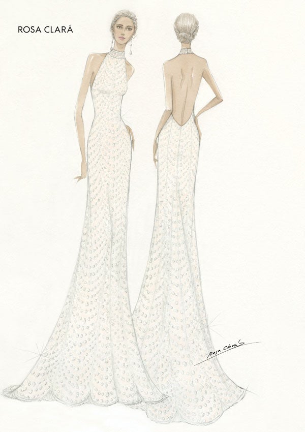 Actualmente, la tónica que siguen muchas novias es apostar por un segundo diseño nupcial para la fiesta posterior a la ceremonia y al banquete. Como vemos en este boceto de Rosa Clará, Mery apostó por un nuevo vestido de aire festivo, con un punto más sensual que el anterior. Está protagonizado por un cuello 'halter', el escote que se ha convertido en uno de novias tan conocidas como María Pombo o la mismísma duquesa de Sussex, Meghan Markle, que también lo utilizó como segundo look nupcial, al igual que hizo Sandra Gago, tal y como veremos a continuación. Además, tiene un amplísimo escote redondo en la espalda que la deja prácticamente al descubierto