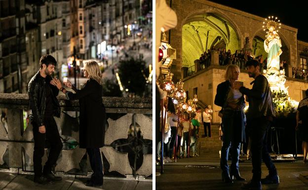 Javier Rey y Belén Rueda, en dos escenas nocturnas. A la izquierda, en la 'catedral nueva'. A la derecha, en la plaza de la Virgen Blanca.