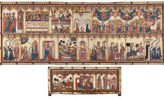 Este notable conjunto está compuesto por un retablo de grandes dimensiones, que se instalaba detrás de la mesa del altar, y un frontal, que decoraba el frente de la mesa. 