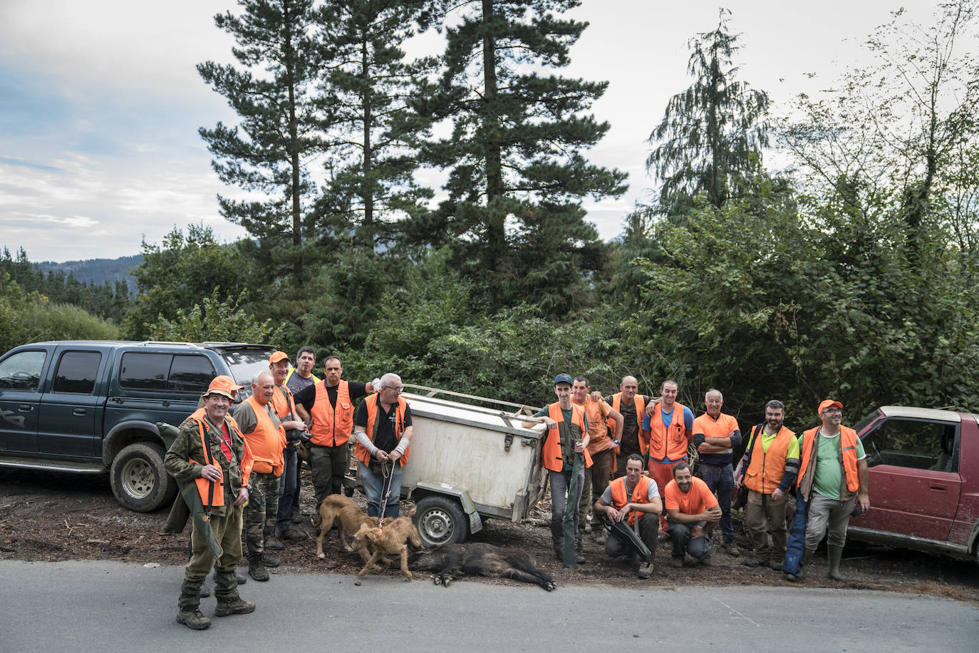 Batida de jabalís en la mancha de Larruskain-Kalamua organizada el pasado fin de semana. Una veintena de cazadores peinan con sus sabuesos los montes que rodean Berriz, Mallabia y Markina. El rastreo se prolonga durante horas por un terreno accidentado de argomas y helechos