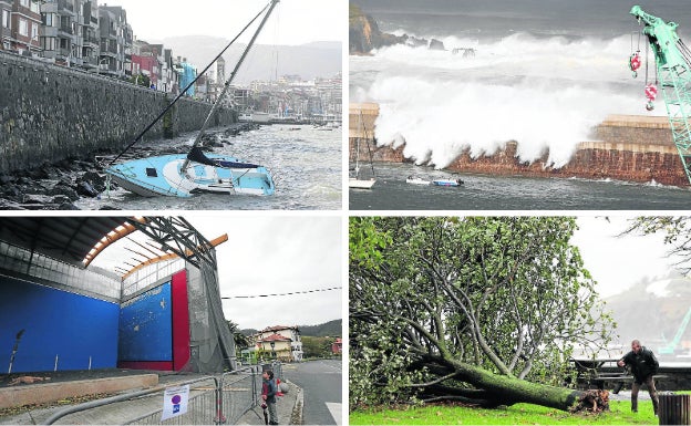 Las imágenes de arriba muestran una embarcaciones a la deriva, en Getxo; y el fuerte oleaje registrado en Bermeo. Abajo, a la izquierda, aspecto en que quedó el frontón de Bakio, con el tejado destrozado tras la borrasca; y a la derecha, un hombre y su perro observan un gran árbol caído en la Atalaya bermeana.